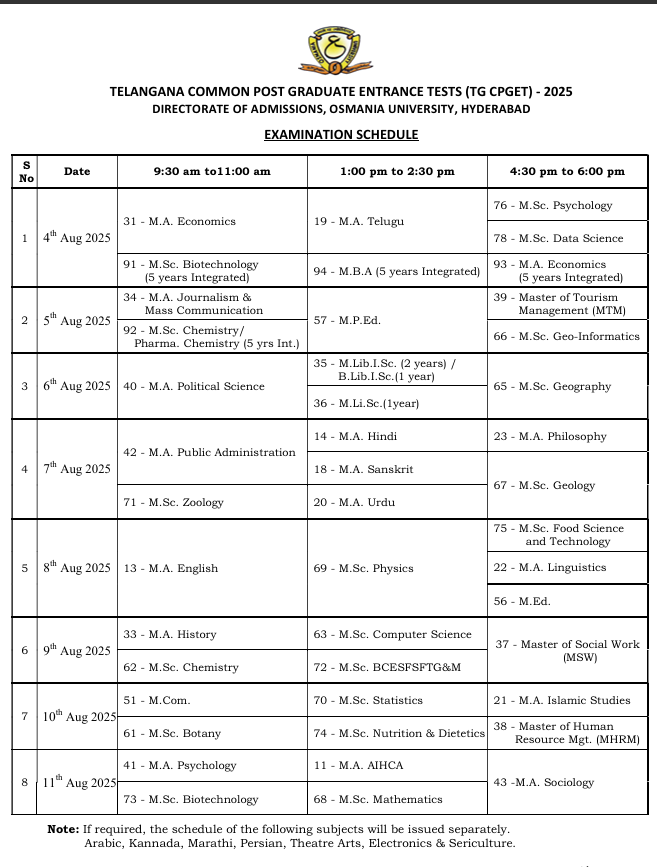 TG CPGET 2025- Exam Schedule